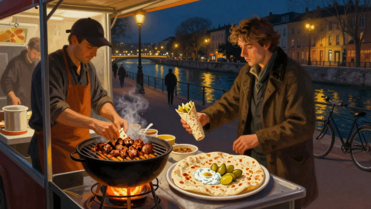 A kebab truck at midnight in Paris, chef wrapping spiced meat in flatbread with pickled turnips and garlic yogurt under streetlights.