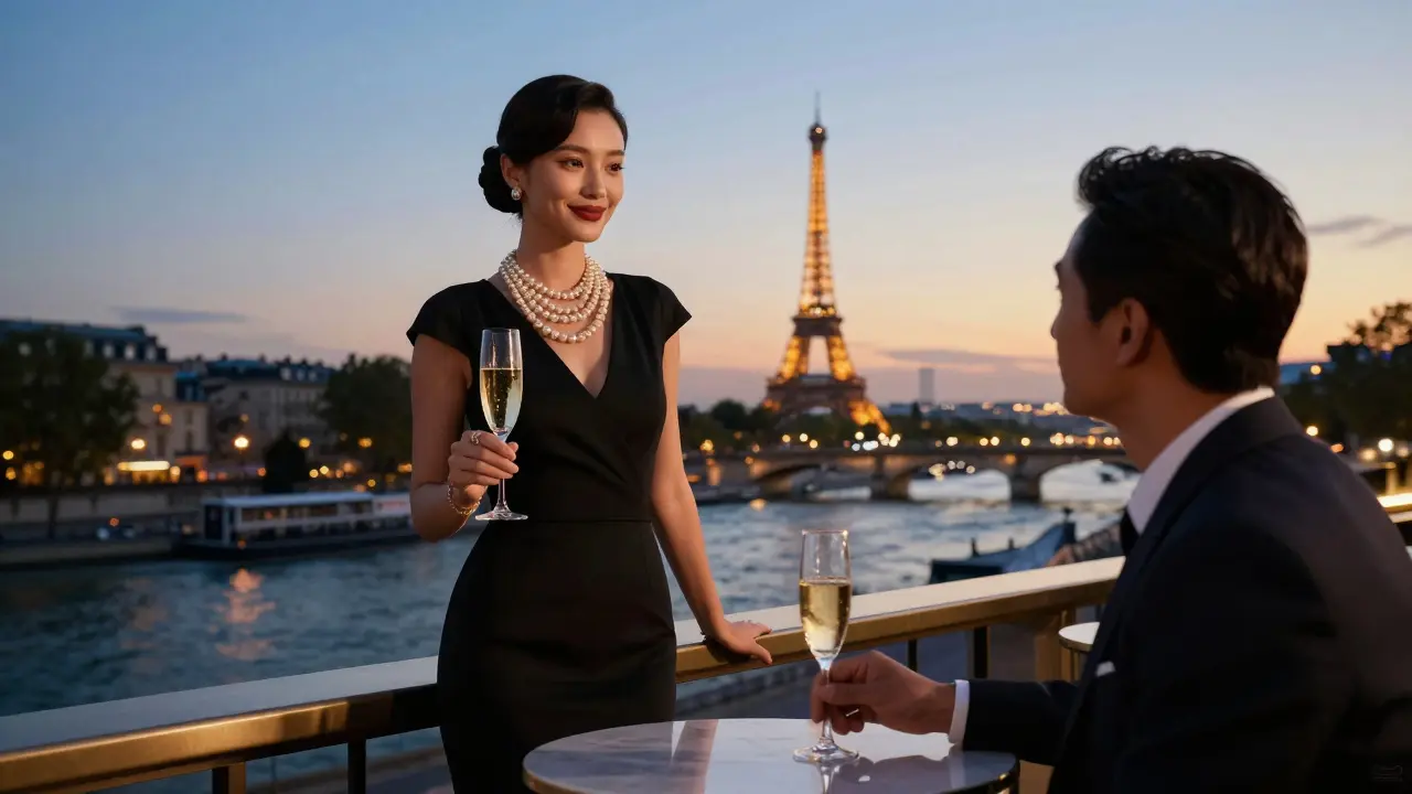 A luxury agency escort and client at a rooftop bar in Paris, skyline glowing behind them at golden hour.