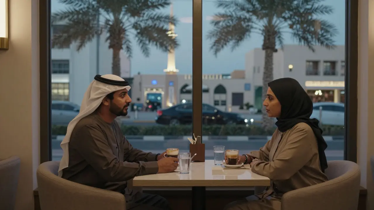 A man and woman having a calm, respectful conversation in a quiet Abu Dhabi café at dusk.