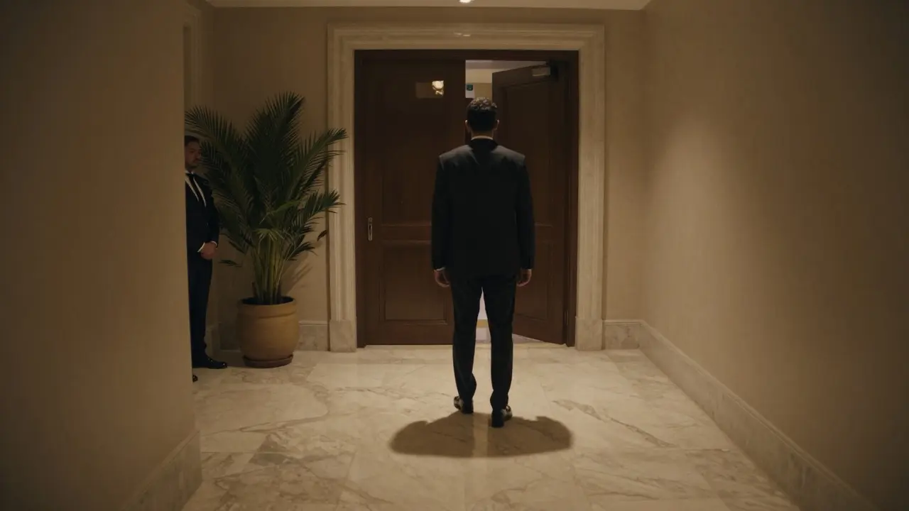 A man hesitates outside a hotel room door in Dubai, shadowed and watched by staff in the background.