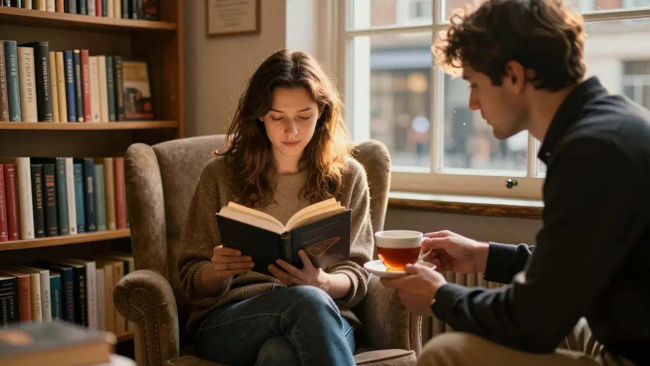 A man placing tea beside a woman reading in a quiet London bookshop, sunlight filtering through dusty windows.