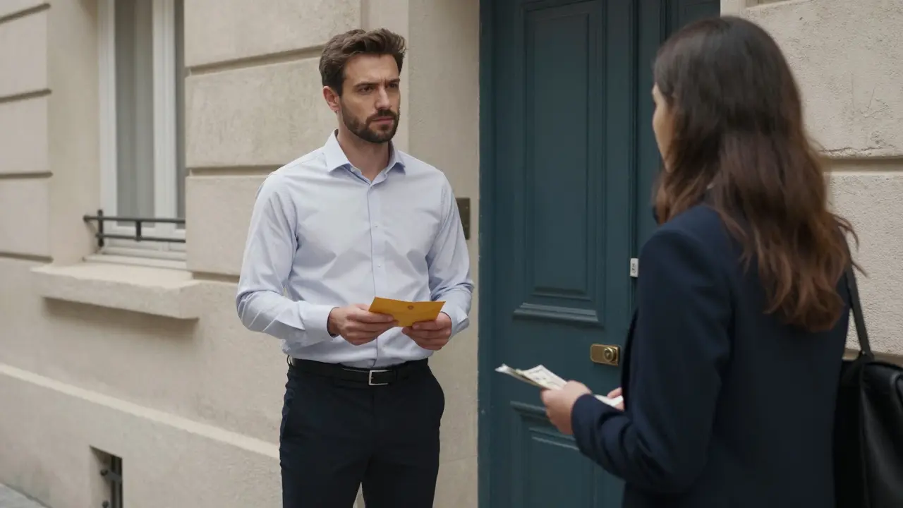 A man respectfully handing payment to a woman at the entrance of a Paris apartment building.