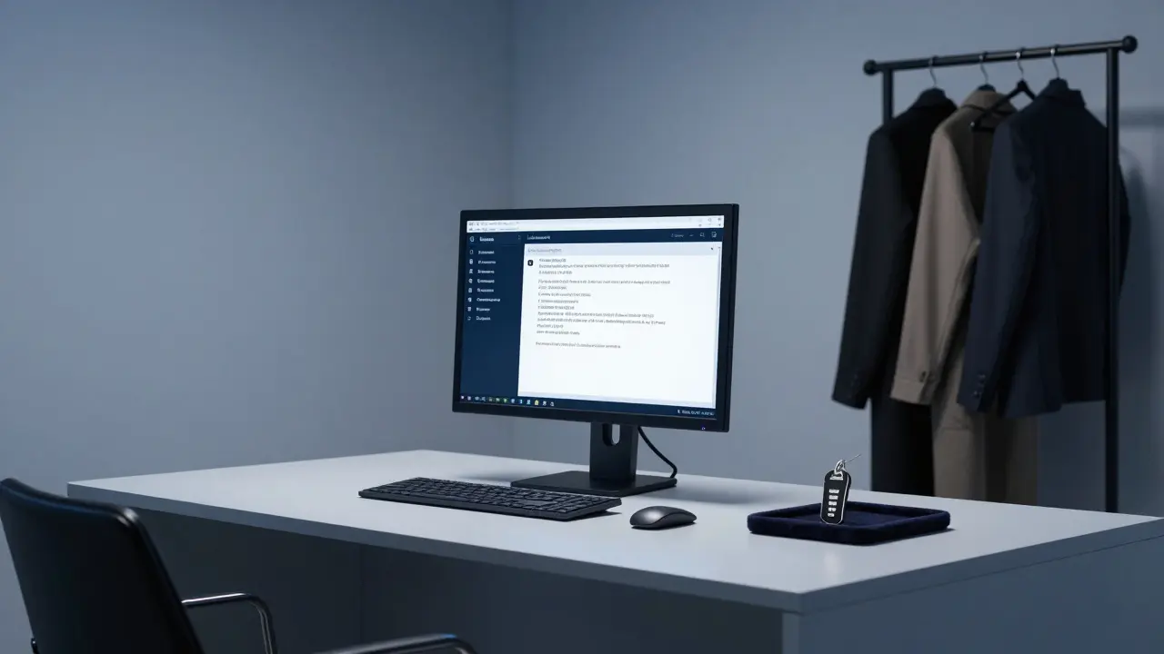 A minimalist agency office at night with encrypted messages on screen and designer coats on display, exuding discretion.