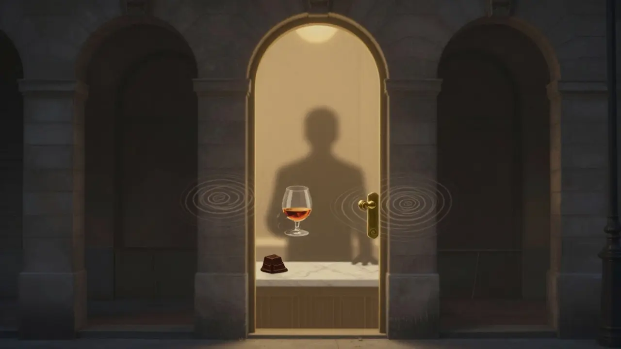 A mysterious door under Parisian arches with golden light spilling out, no signs or labels visible.