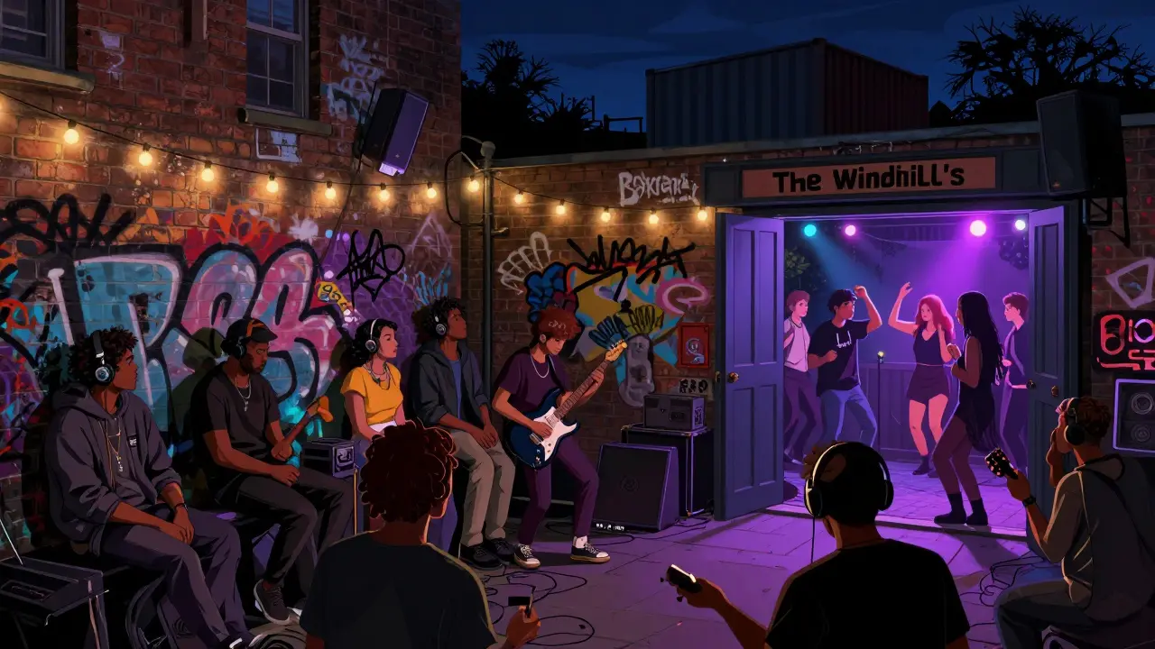 A packed underground music venue in Shoreditch with a live band and silent disco in the backyard.