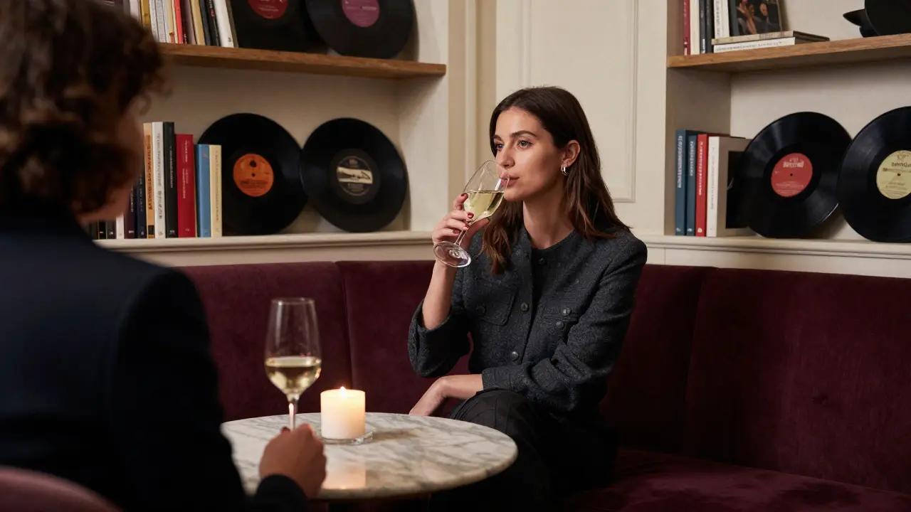 A poised woman and client share a quiet moment in a luxurious Milanese lounge, sipping Prosecco by candlelight.