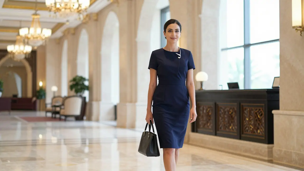 A professionally dressed companion waiting in the elegant lobby of a luxury hotel.