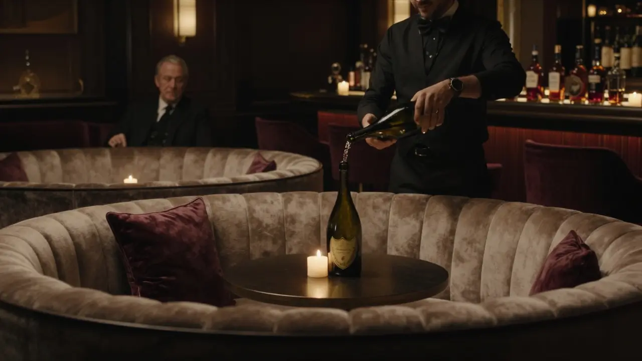 A quiet lounge with candlelight, rare whiskey bottles, and a shadowed figure pouring champagne in silence.