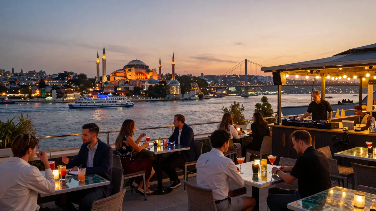 A rooftop bar with panoramic views of Istanbul’s skyline at sunset, guests enjoying cocktails under string lights.