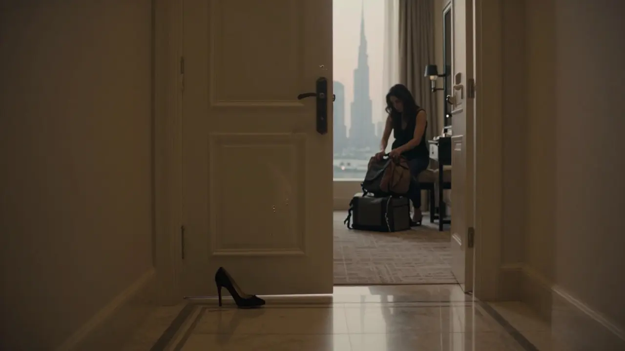 A single high heel beside a closed hotel door at dawn, reflection of a woman packing.