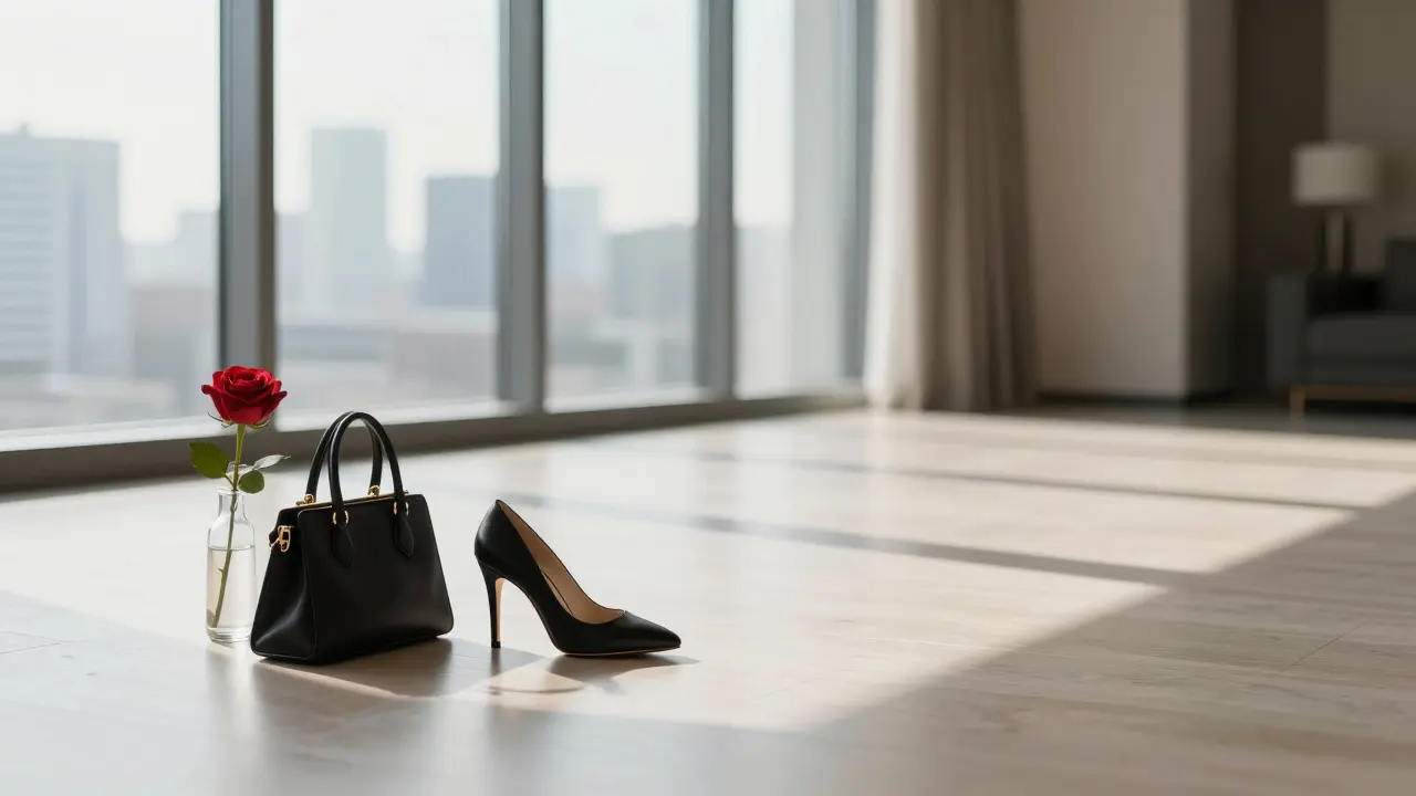 A single high-heeled shoe and rose rest on a polished floor in a luxurious apartment, morning light streaming through windows.