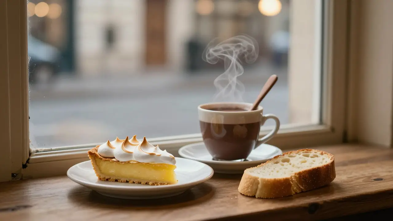 A slice of lemon tart and thick hot chocolate on a plate in a quiet Paris pastry shop at 2 a.m., steam rising gently.