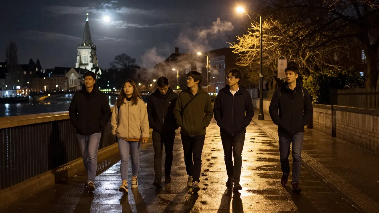 A small group walks silently along the Thames at night under moonlight.