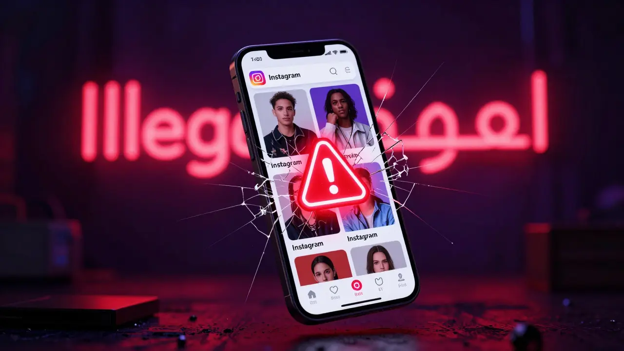 A smartphone displaying fake escort ads with red warning symbols, set against a dark cyberpunk background.