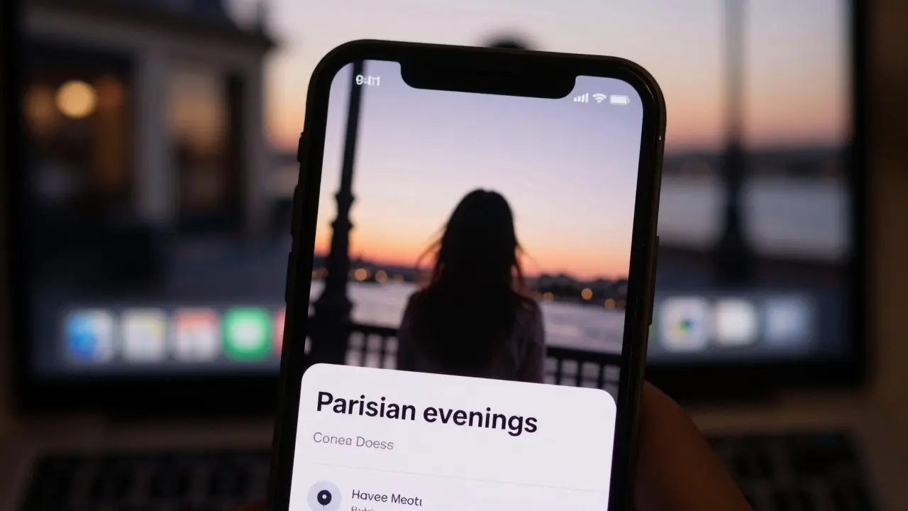A smartphone screen showing a vague Instagram post of a Paris café with no contact details, reflecting encrypted messaging apps.