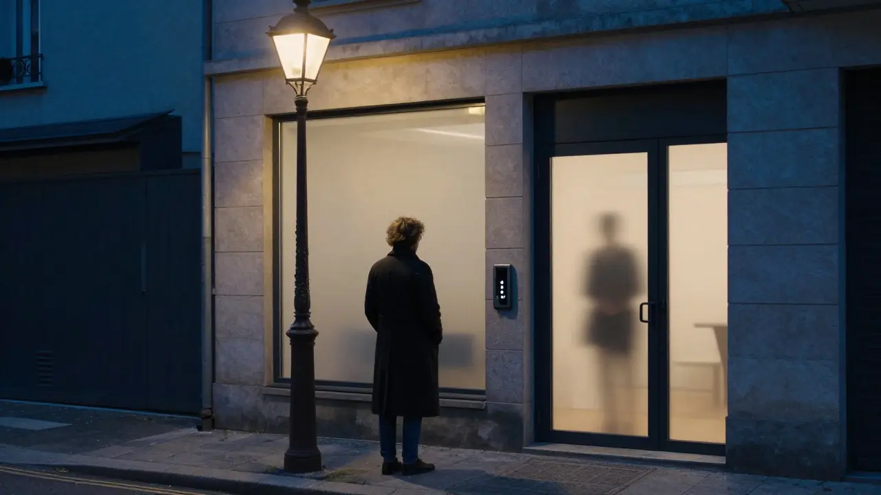 A solitary figure in a Paris residential street at dusk near a building with keyless entry, hinting at a discreet meeting.