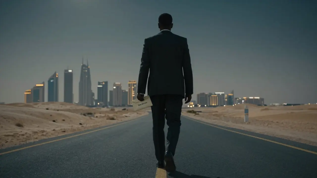A solitary figure walking at night in Abu Dhabi’s desert outskirts, symbolizing discretion and legal boundaries.