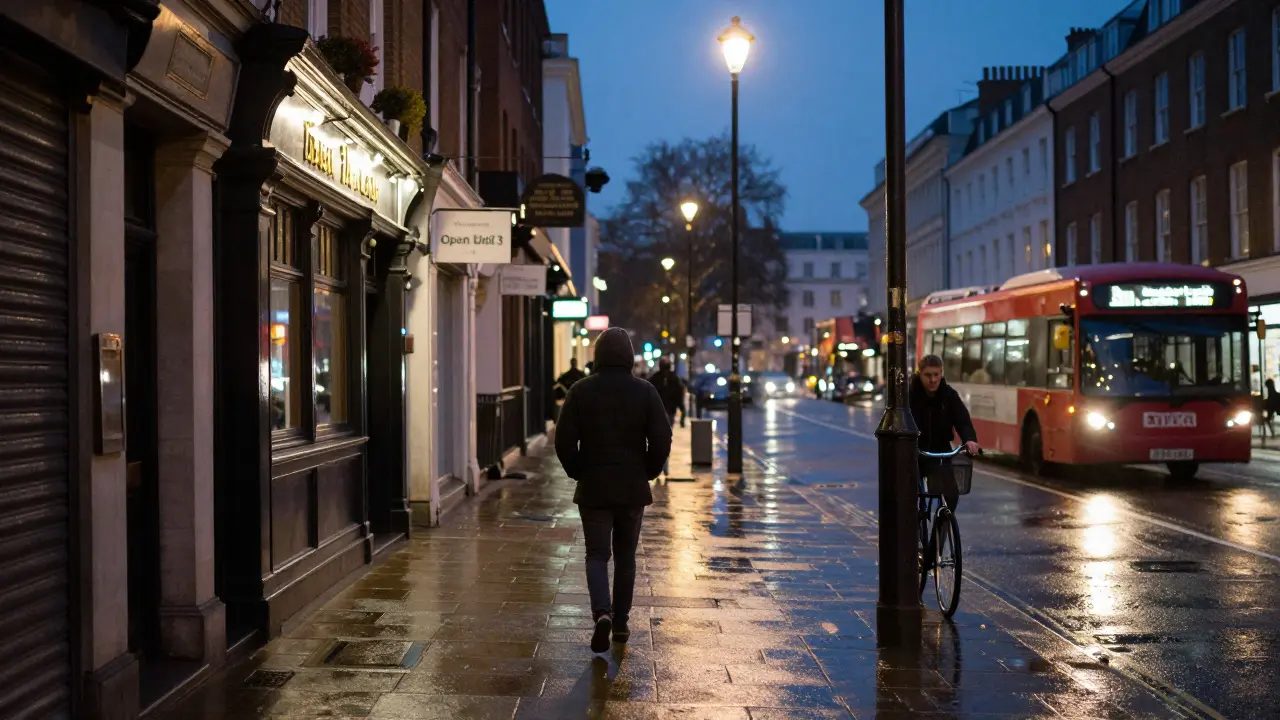 A solitary walker strolls home at 3 a.m. through a quiet, rain-glistened London street.