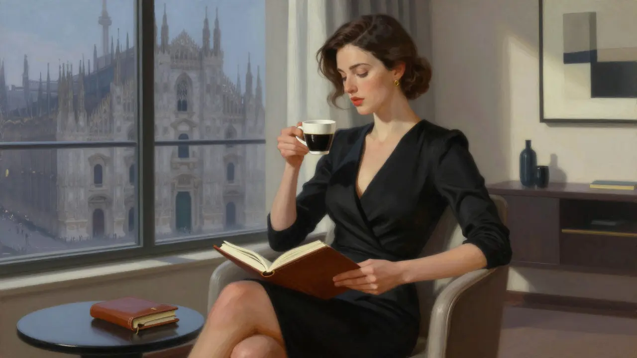 A sophisticated woman in a black dress sits in a luxury hotel suite, holding espresso beside an open notebook, with the Duomo visible in the distance.