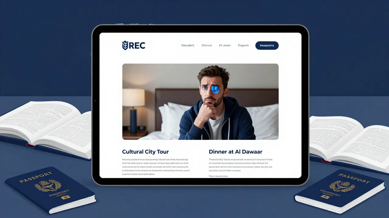 A traveler viewing a professional escort agency&#039;s website on a tablet in a hotel room.