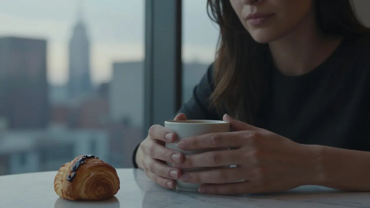 A woman's hands hold a coffee cup on marble, dawn light reflecting in a window, calm and unadorned presence.