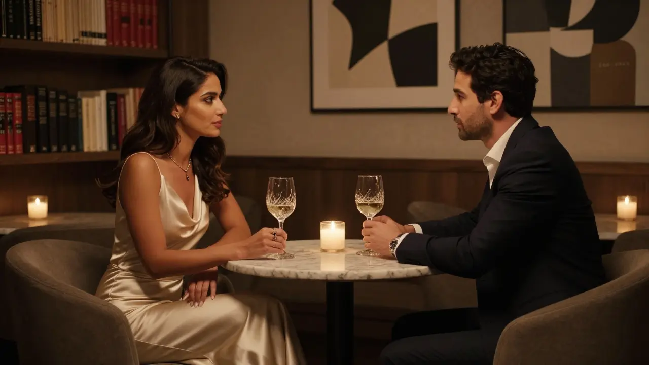 A woman and man engage in quiet conversation over wine in a luxurious private lounge with soft candlelight.