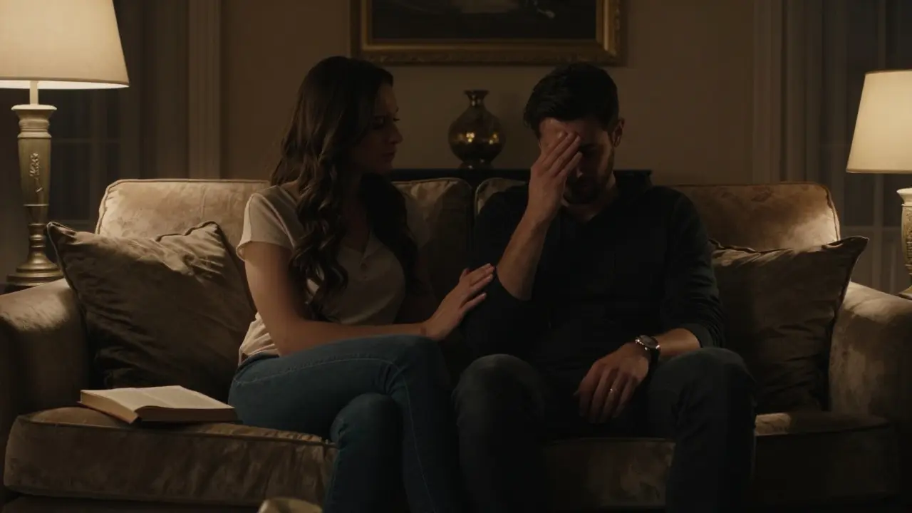 A woman sits beside a crying man on a sofa at 3 a.m., offering silent comfort, no touch beyond a gentle hand on his arm.