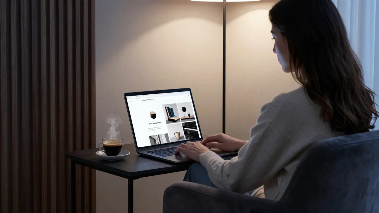 A woman sits in a minimalist Milan apartment, reviewing a discreet companionship profile on her laptop.