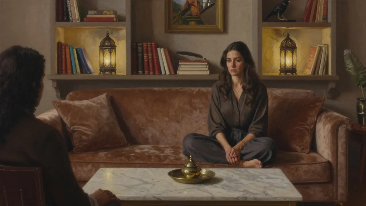 A woman sits quietly in a luxury villa, sharing a peaceful moment with an unseen companion near art books and lantern light.