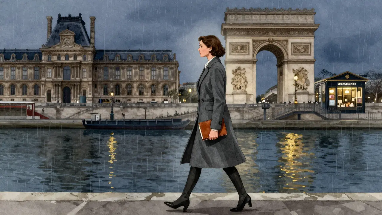 A woman walking alone along the Seine at dusk, holding a notebook, Paris landmarks blurred around her in watercolor style.