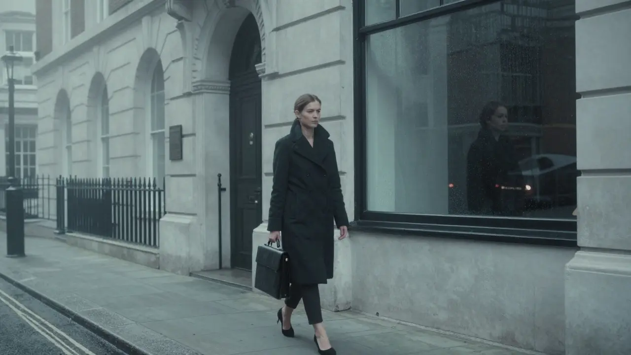A woman walks alone through misty London streets at dawn, embodying strength and unseen dedication.