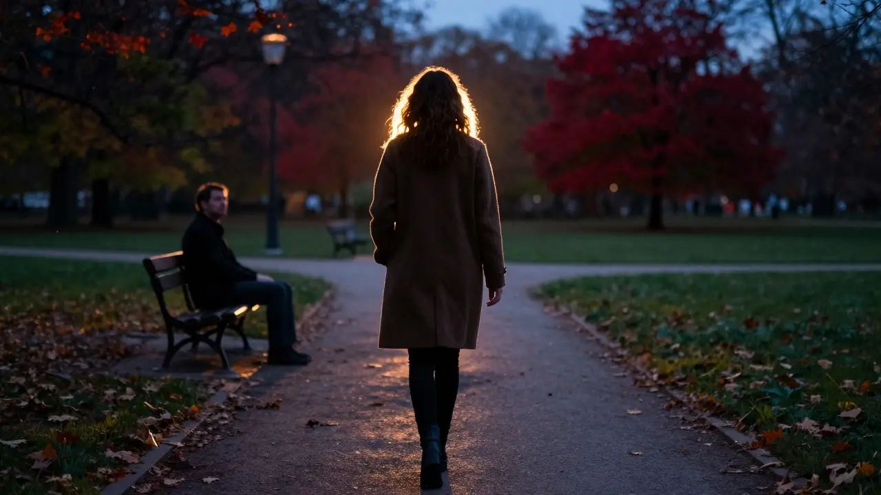 A woman walks away at sunset in Tiergarten, leaving a man lost in thought on a bench, the moment lingering without words.