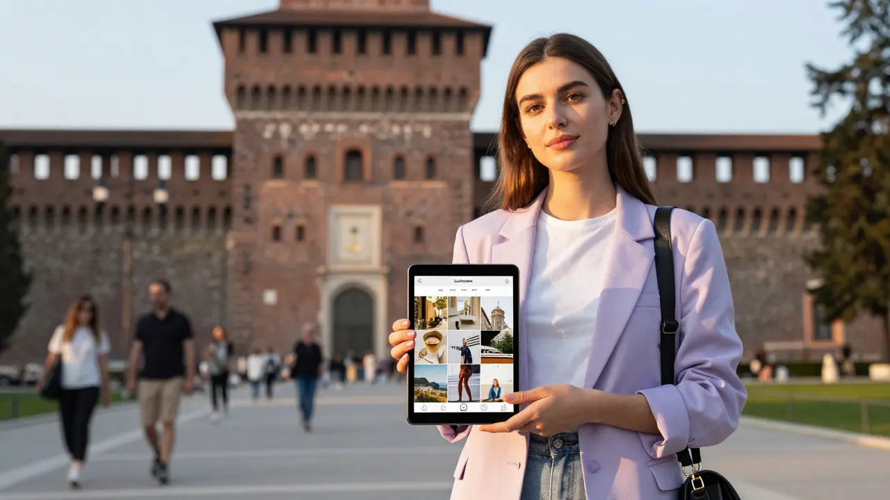 A young woman stands before Sforza Castle, holding a tablet with a travel-style Instagram feed.
