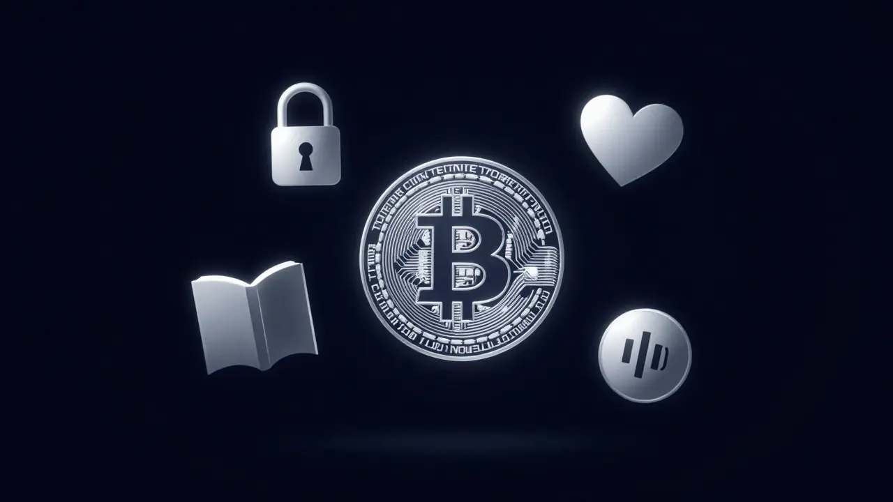 Abstract digital icons representing encryption, companionship, and safety floating around a Bitcoin transaction.