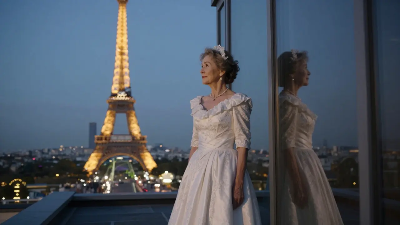 An elderly woman in a wedding dress stands alone on a rooftop, the Eiffel Tower sparkling below.