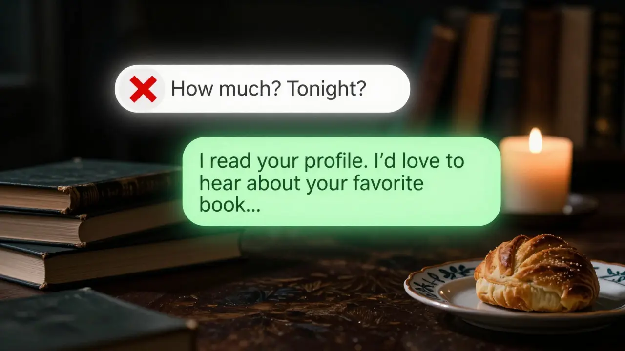 An encrypted message screen shows a thoughtful inquiry glowing while a transactional one is rejected.