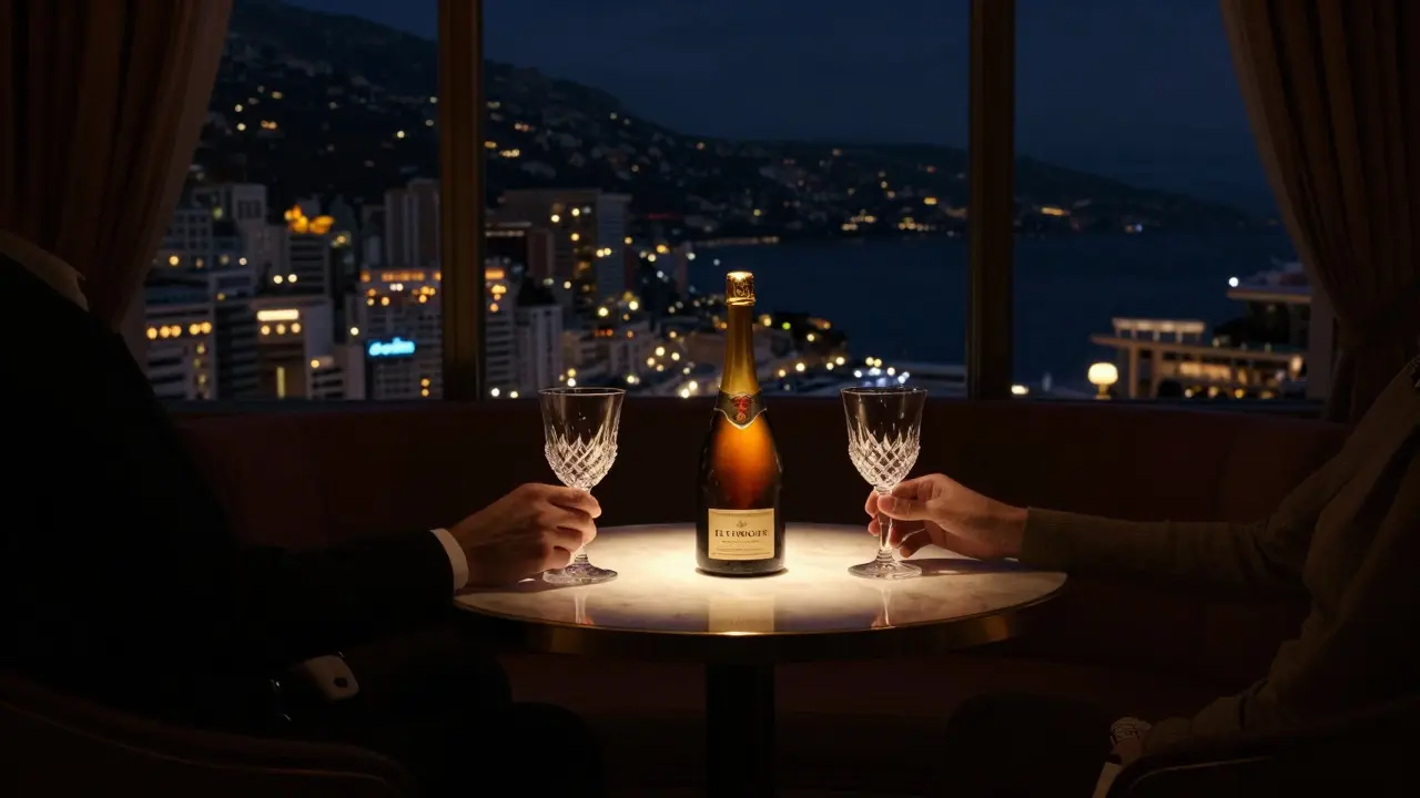 An exclusive private lounge in Monaco with unseen figures sharing a bottle of vintage champagne.