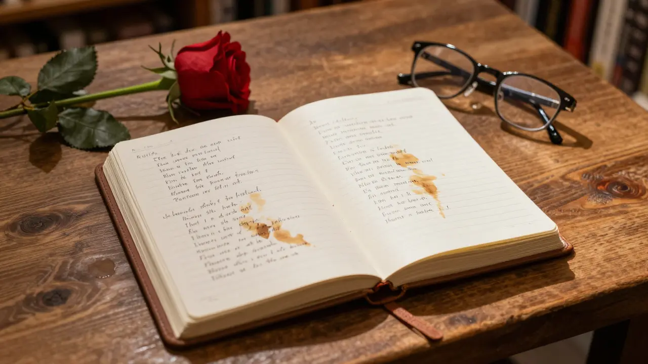 An open notebook with poetry and coffee stains on a bookstore table, beside a rose and reading glasses.
