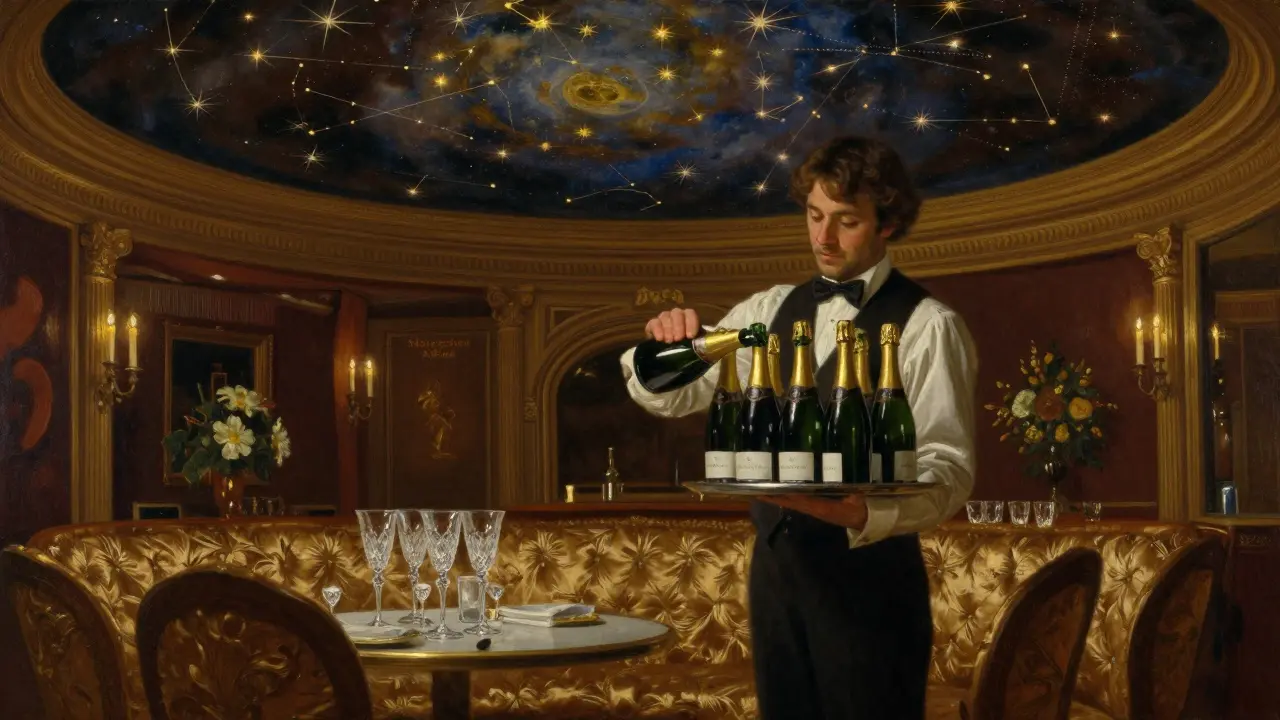 An opulent private room with a star-painted ceiling and vintage champagne bottles on a silver tray.