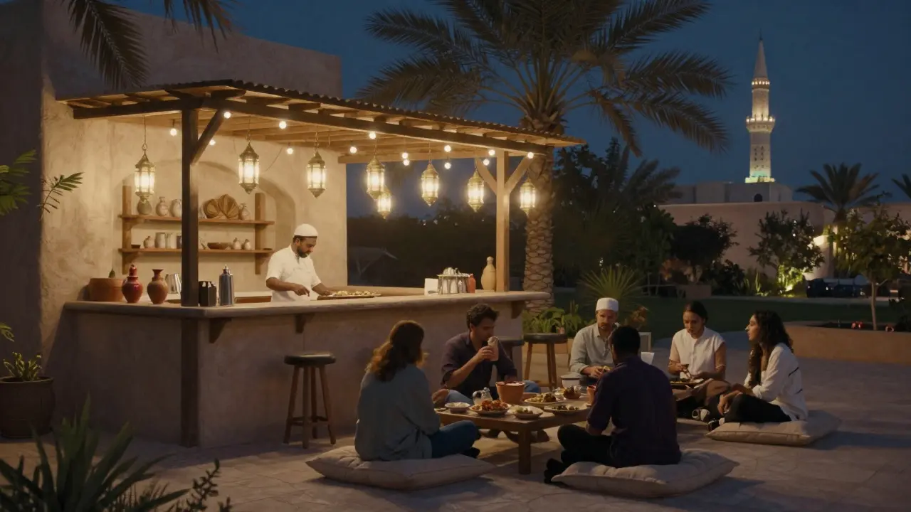 An outdoor garden bar behind a mosque, lit by string lights and lanterns, where guests enjoy mezze under a starry night sky.