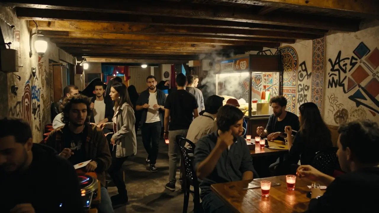 Basement club in Beyoğlu with crowd dancing to Turkish hip-hop under vintage wooden beams.