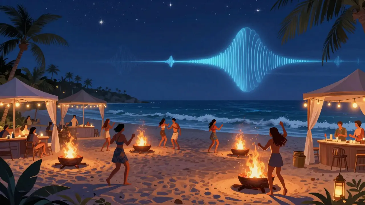 Beach club dance floor under fire pits and stars, guests dancing barefoot by the ocean.