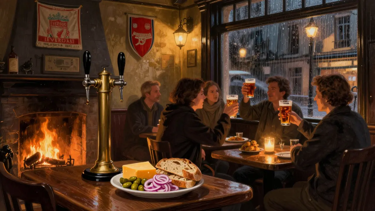 British pub in Le Marais with beer engine, fireplace, and football scarves on the wall.