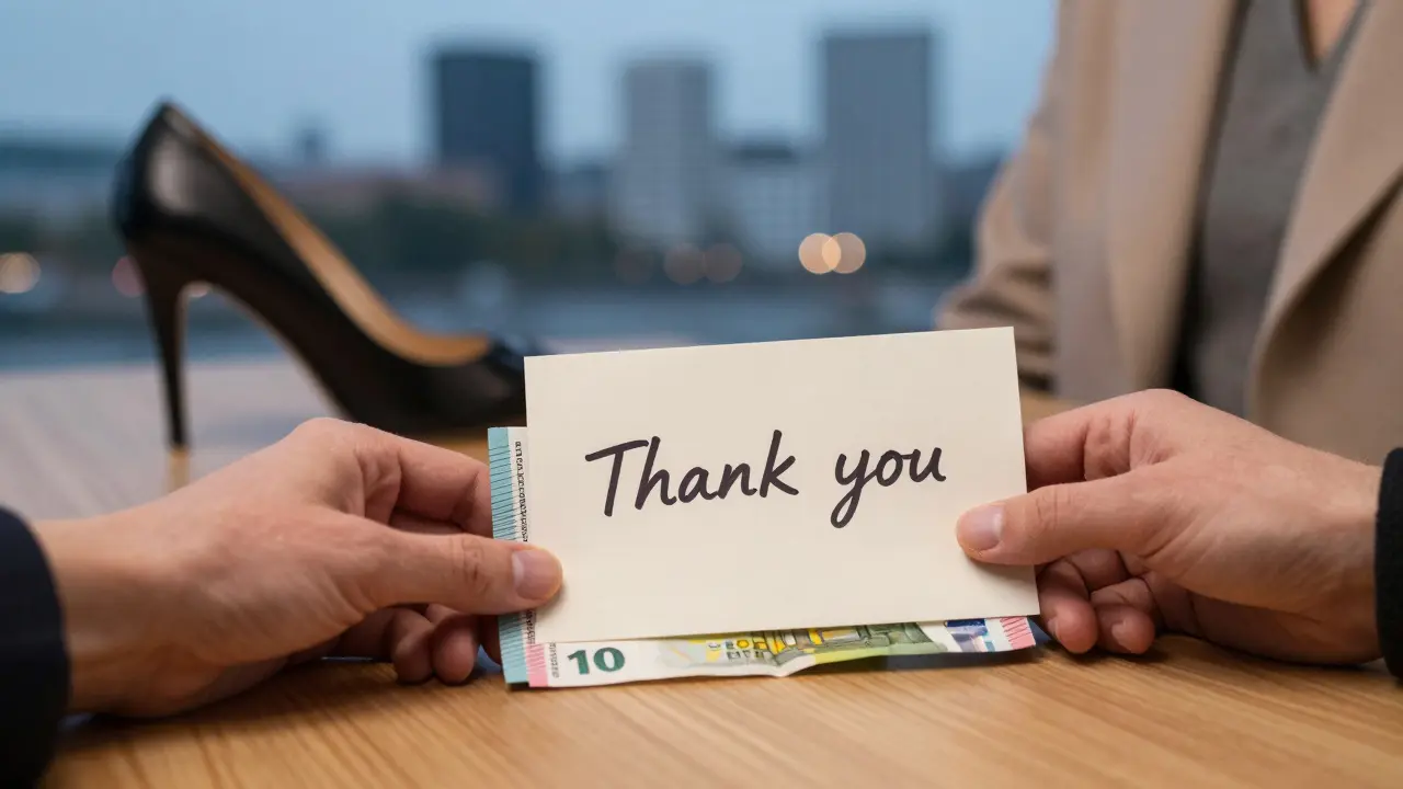 Cash and a handwritten &#039;Thank you&#039; on a table, Berlin skyline blurred behind, symbolizing respectful closure.