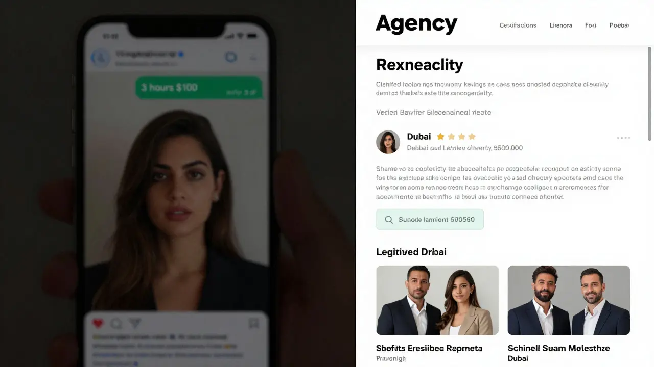 Contrasting images: a suspicious WhatsApp ad on the left, a verified agency website on the right, highlighting scam vs. legitimacy.