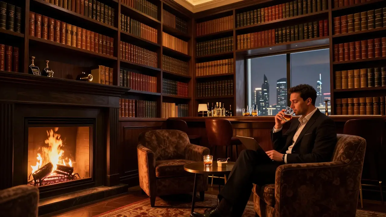 Cozy library bar with fireplace, leather chairs, and shelves of books, a guest sipping whisky as city lights shimmer outside.