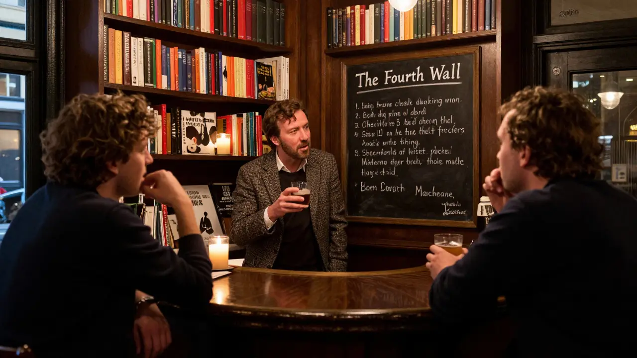 Critic in tweed jacket debating theatre lighting in a book-lined bar with Shakespearean quote on chalkboard.