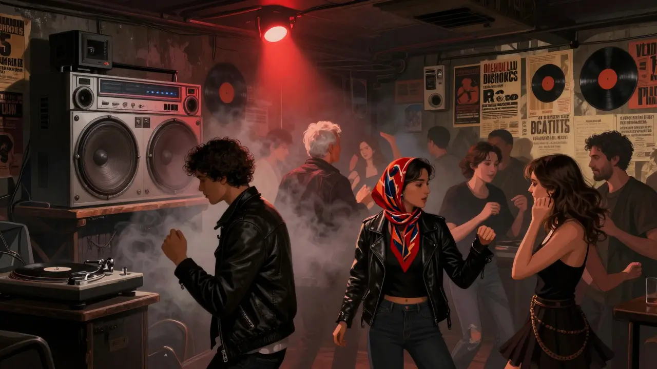 Crowd dancing in a dim basement club with vintage speakers and no phones, pure underground energy.