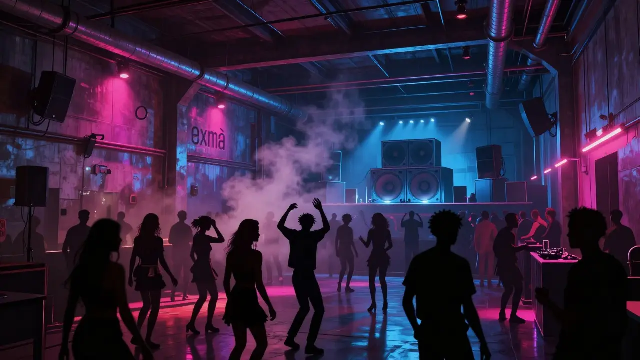 Crowd dancing in an industrial warehouse club with neon lights