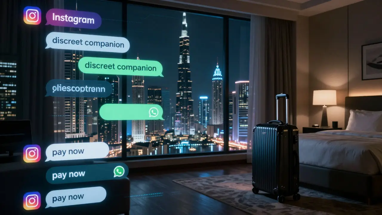 Digital messages on glowing screens over Dubai skyline, symbolizing online entrapment.